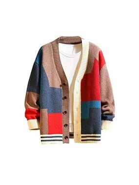 Mens Cardigan Sweater Colorblock V Neck Button Lightweight Knit Casual